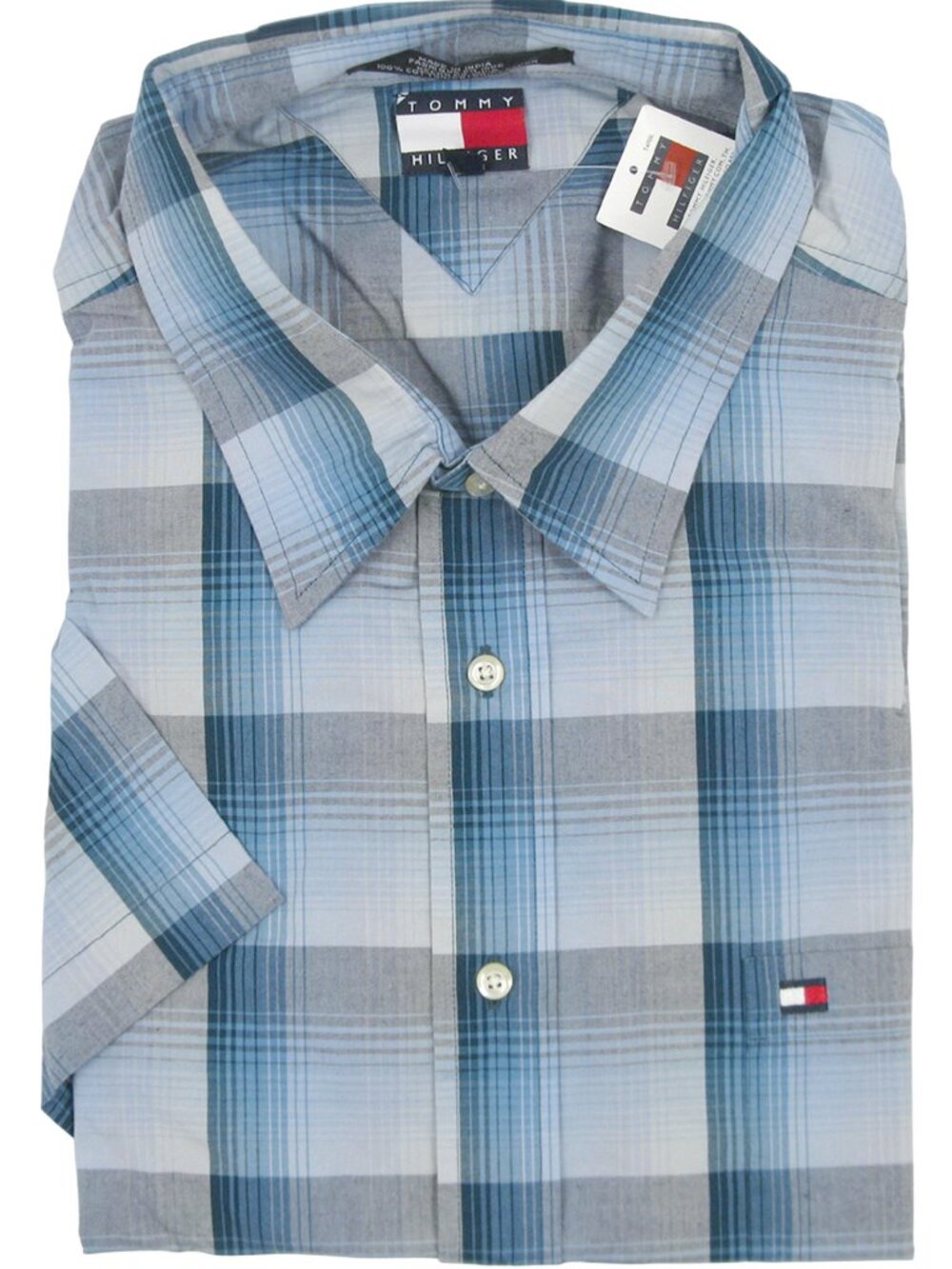 NEW Vintage Tommy Hilfiger Button Front Shirt! Blue & Gray Plaid Short Sleeved